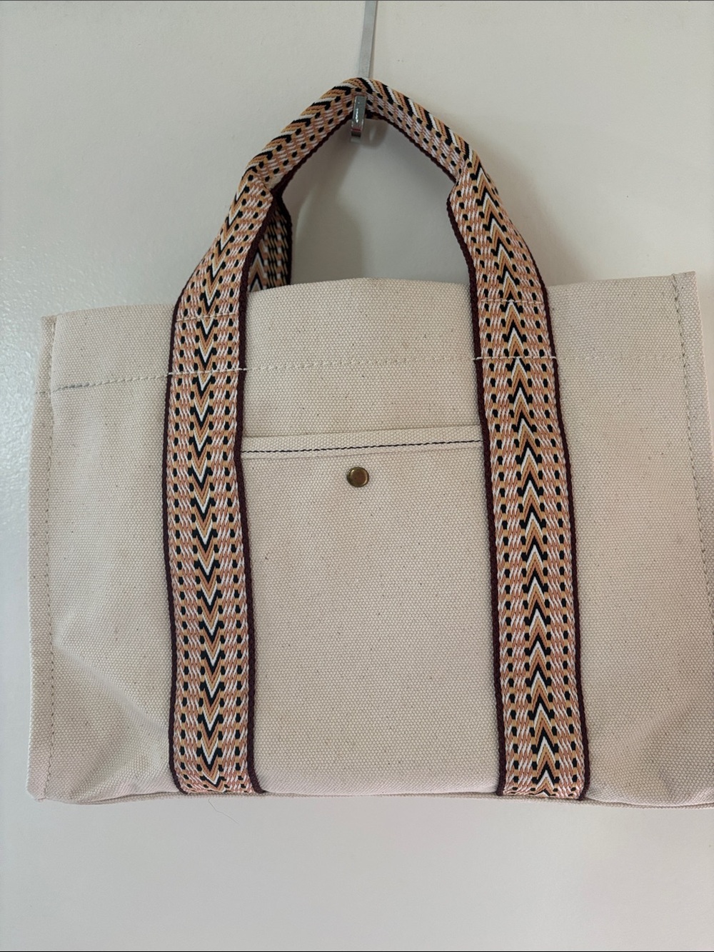 Canvas Tote Bag with Patterned Straps - Cream